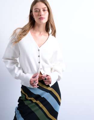 Topshop Knitted V Neck Compact Fitted Waist Cardigan In Ivory-white