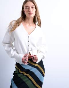 Knitted v neck compact fitted waist cardigan in ivory