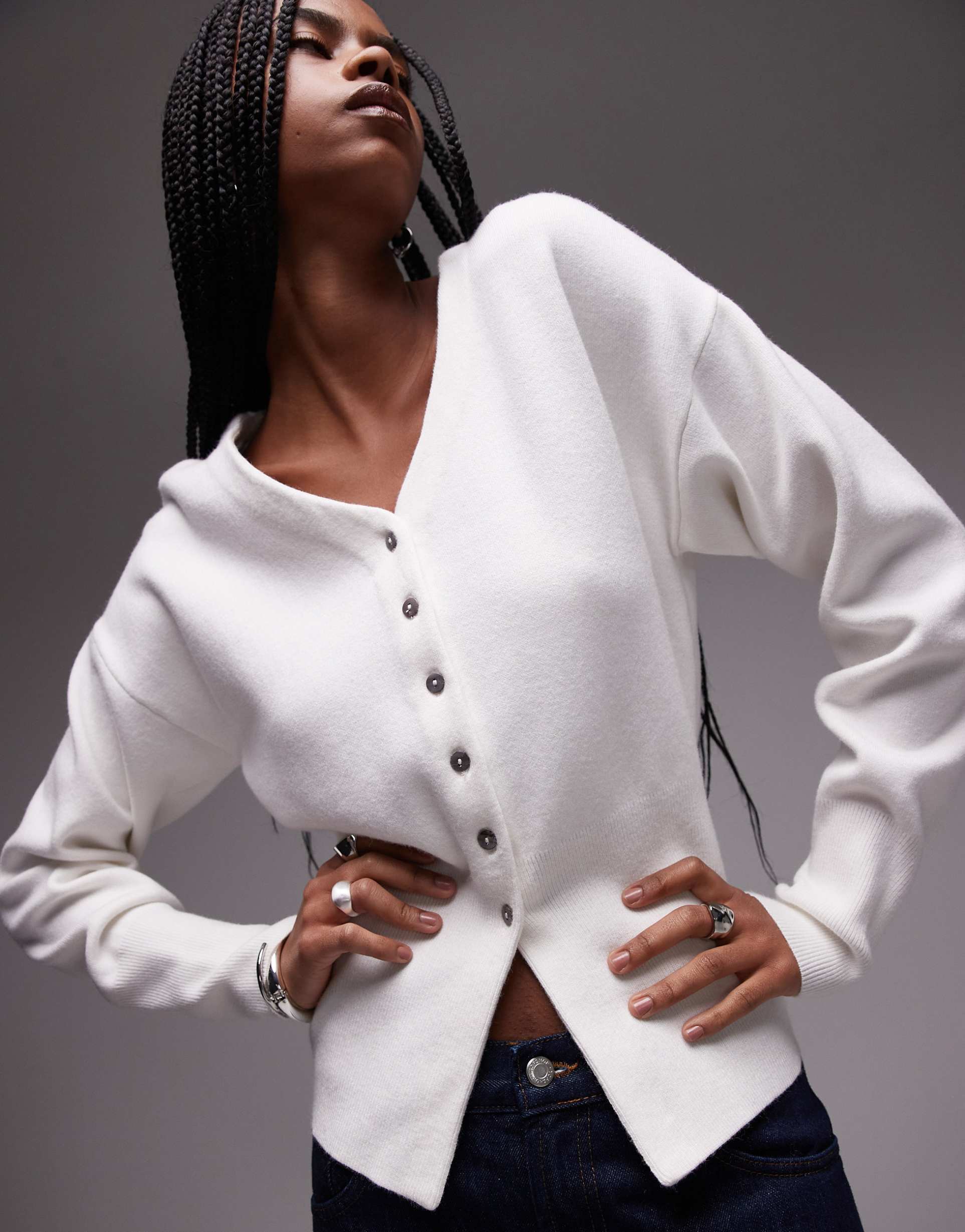 topshop knitted v-neck compact fitted waist longline cardi in ivory