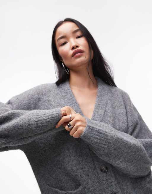 Topshop Knitted V Neck Fluffy Oversized Cardigan with Pockets in Gray