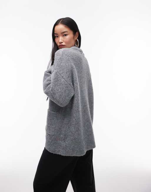 Topshop knitted v-neck fluffy oversized cardigan with