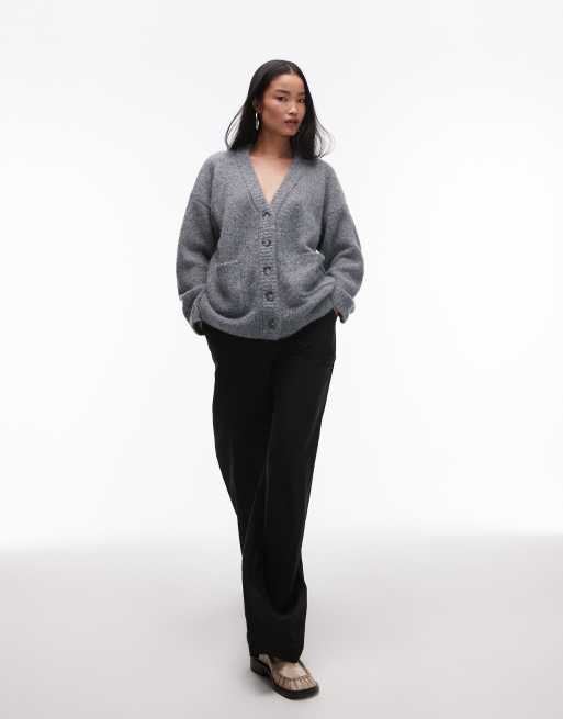 Topshop knitted v-neck fluffy oversized cardigan with pockets in grey