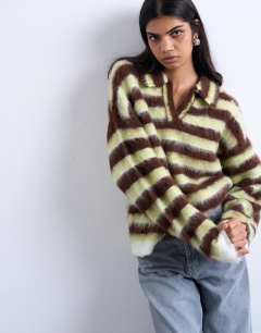 Model wearing Knitted v neck fluffy polo in green and brown