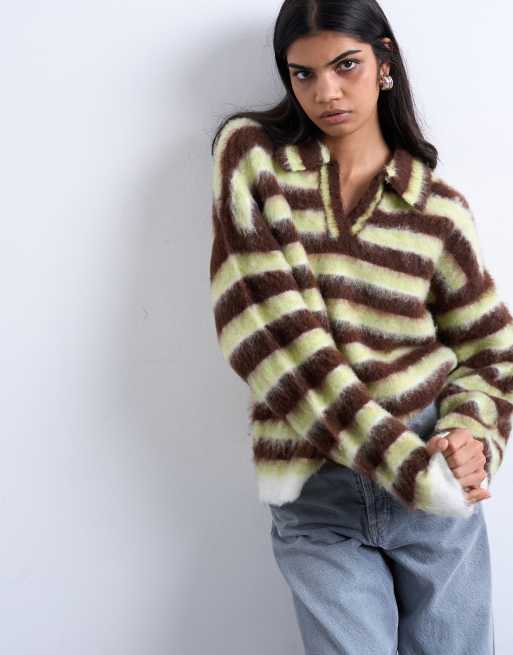 Topshop knit v-neck fluffy polo shirt in green and brown