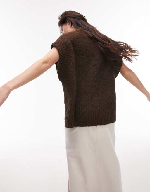 Topshop knitted v-neck fluffy tank jumper in chocolate brown, 2 of 4