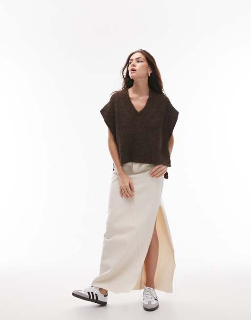 Topshop knitted v-neck fluffy tank jumper in chocolate brown, 3 of 4