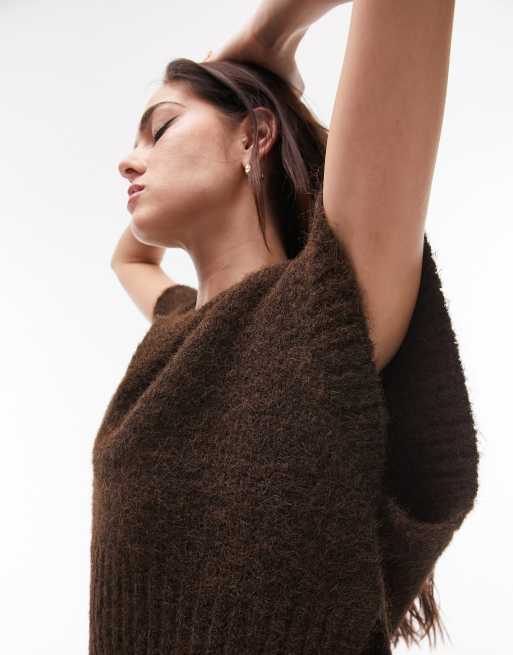 Topshop knitted v-neck fluffy tank jumper in chocolate brown, 4 of 4