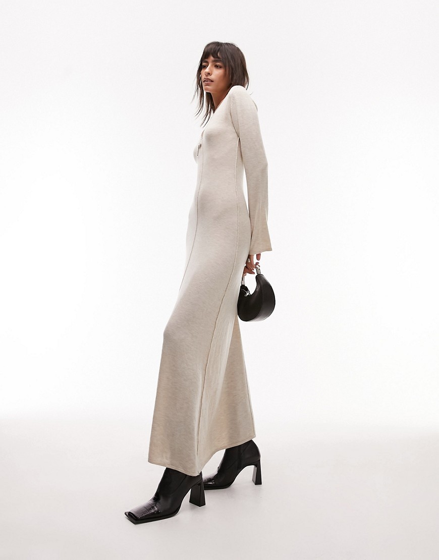 Topshop knitted v-neck flute sleeve maxi dress in stone-Neutral