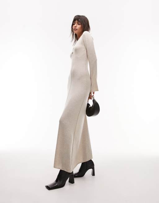 Topshop knitted v neck flute sleeve maxi dress in stone ASOS