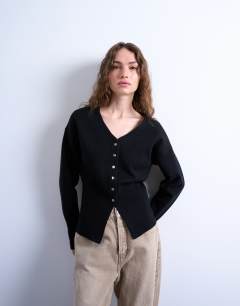Knitted V neck longline clean cinch waist cardigan in black