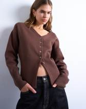 Topshop knitted V neck longline clean cinch waist cardigan in chocolate