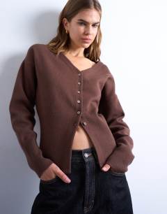 Knitted V neck longline clean cinch waist cardigan in chocolate