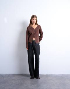 Model wearing Knitted V neck longline clean cinch waist cardigan in chocolate
