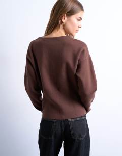 Model wearing Knitted V neck longline clean cinch waist cardigan in chocolate
