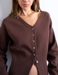 Model wearing Knitted V neck longline clean cinch waist cardigan in chocolate