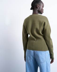 Model wearing Knitted V neck longline clean cinch waist cardigan in green
