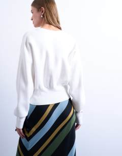 Model wearing Knitted V neck longline clean cinch waist cardigan in ivory