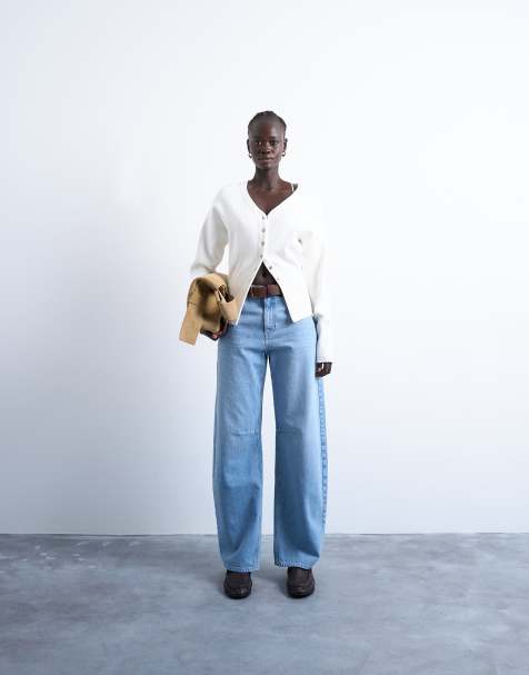 Topshop knitted V neck longline clean cinch waist cardigan in ivory - view 2