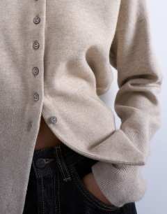 Model wearing Knitted V neck longline clean cinch waist cardigan in oat