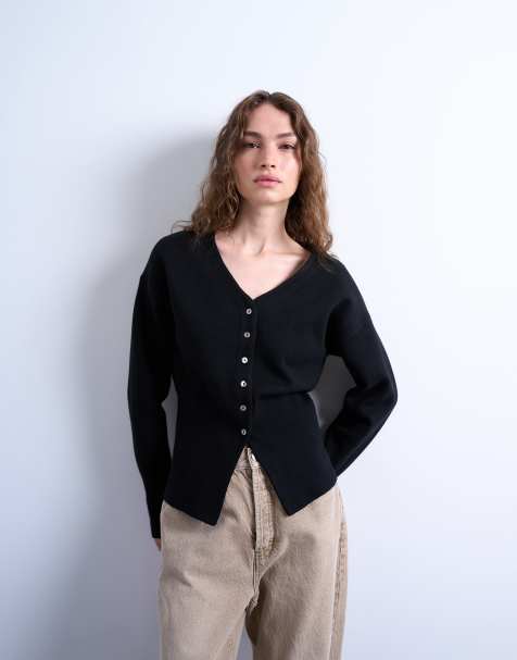 Topshop knitted V neck longline compact fitted waist cardigan in black - view 1
