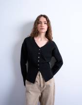 Topshop knitted V neck longline compact fitted waist cardigan in black