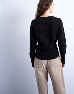 Model wearing Knitted V neck longline compact fitted waist cardigan in black