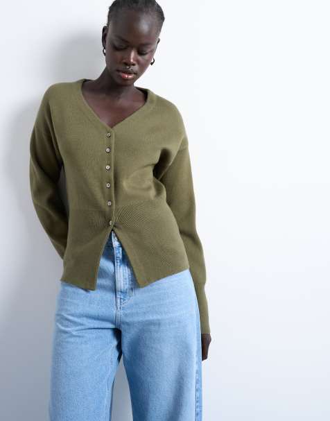 Topshop knitted V neck longline compact fitted waist cardigan in green - view 1