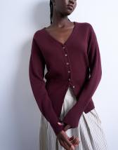 Topshop knitted V neck longline compact fitted waist cardigan in plum