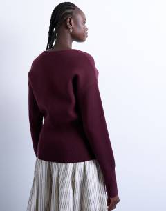 Model wearing Knitted V neck longline compact fitted waist cardigan in plum