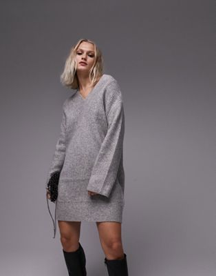 Topshop knitted v neck mini dress in charcoal marl