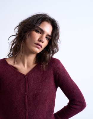 Topshop Topshop knitted v-neck ribbed cardigan in burgundy-Red