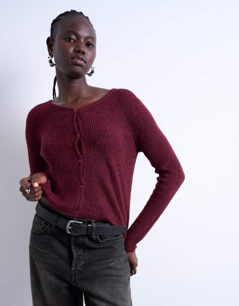 Topshop knitted v-neck ribbed cardigan in burgundy - view 1