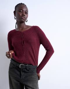 Knitted v-neck ribbed cardigan in burgundy