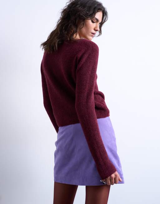 Topshop knitted v-neck ribbed cardigan in burgundy, 4 of 4
