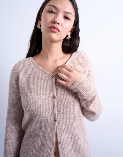 Topshop knitted v-neck ribbed cardigan in stone - view 1