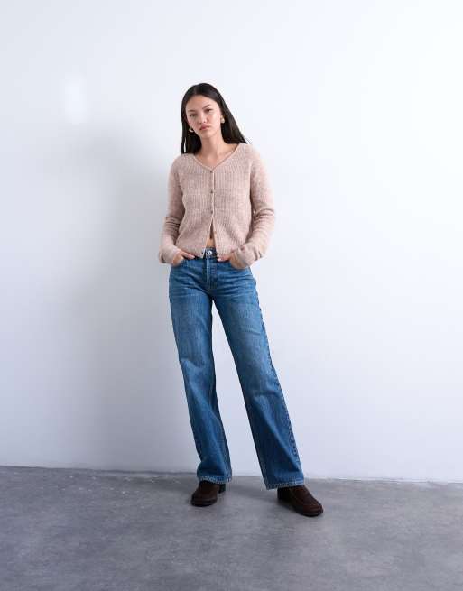 Topshop knitted v-neck ribbed cardigan in stone, 2 of 4
