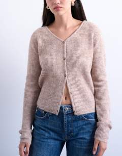 Model wearing Knitted v-neck ribbed cardigan in stone
