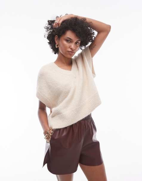 Topshop knitted v-neck seam front off shoulder relaxed singlet in oat - view 1