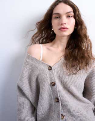 Topshop Knitted V Neck Slouchy Cardigan In Oat-neutral