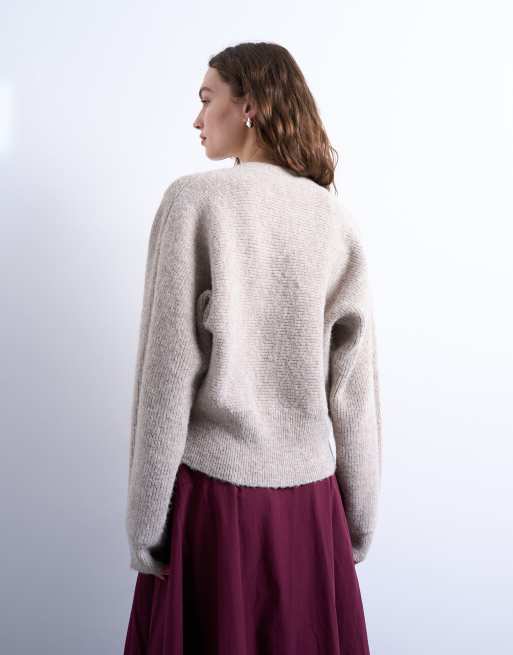 Topshop knitted v neck slouchy cardigan in oat, 3 of 4