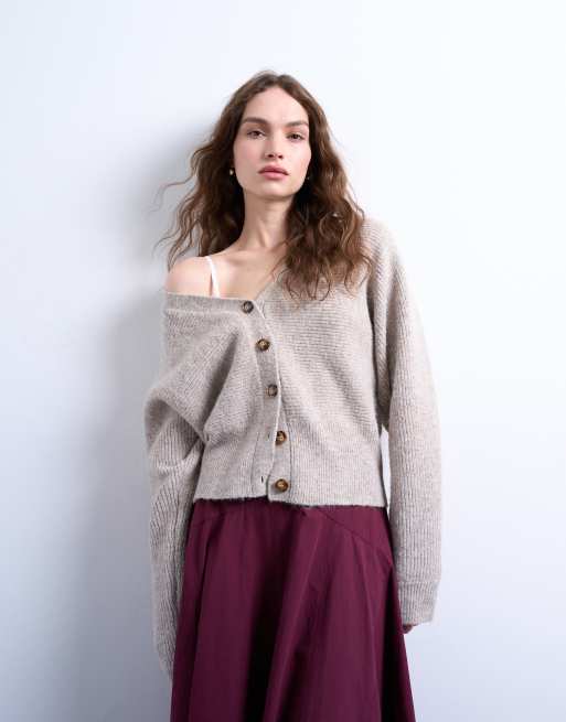 Topshop knitted v neck slouchy cardigan in oat, 4 of 4