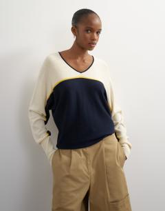 Knitted v neck stripe batwing jumper in blue multi