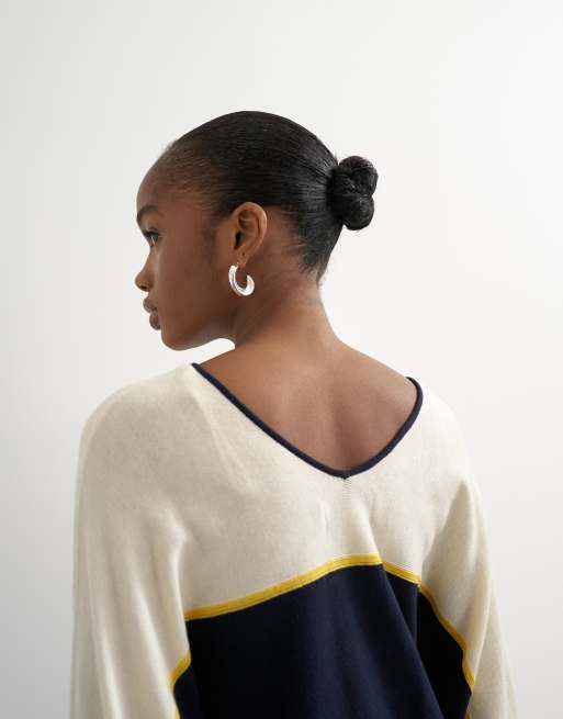 Topshop knitted v neck stripe batwing jumper in blue multi, 2 of 4