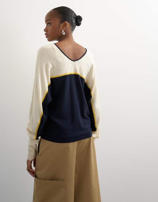 Topshop knitted v neck stripe batwing jumper in blue multi, 4 of 4