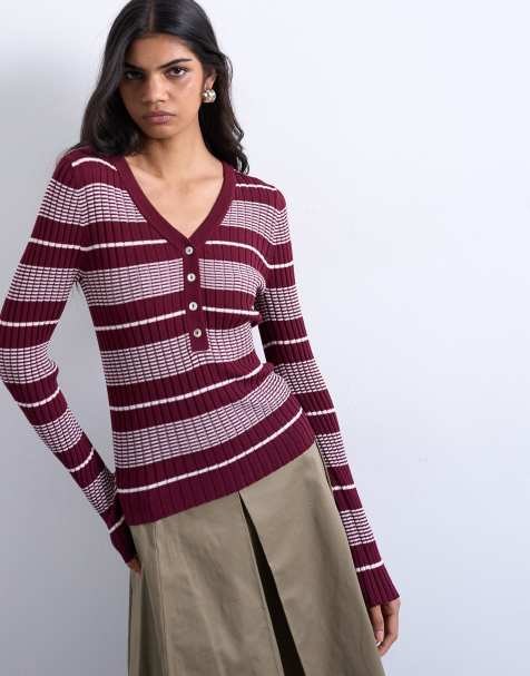 Topshop knitted v neck striped long sleeve top in burgundy - view 1