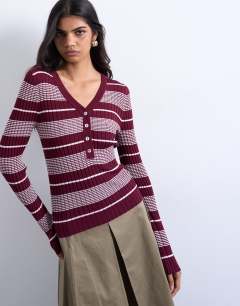 Knitted v neck striped long sleeve top in burgundy