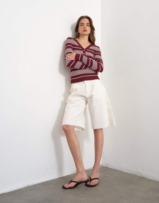 Topshop knitted v neck striped long sleeve top in burgundy, 2 of 4