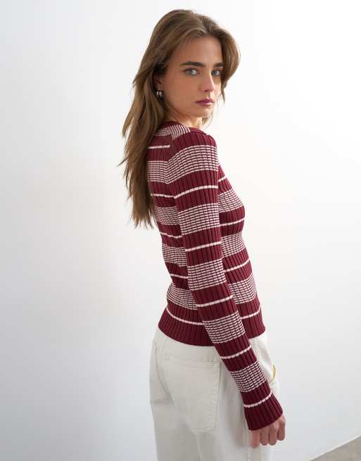 Topshop knitted v neck striped long sleeve top in burgundy, 3 of 4