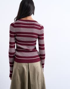 Model wearing Knitted v neck striped long sleeve top in burgundy