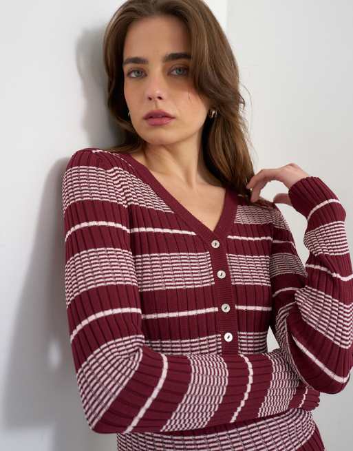 Topshop knitted v neck striped long sleeve top in burgundy, 4 of 4